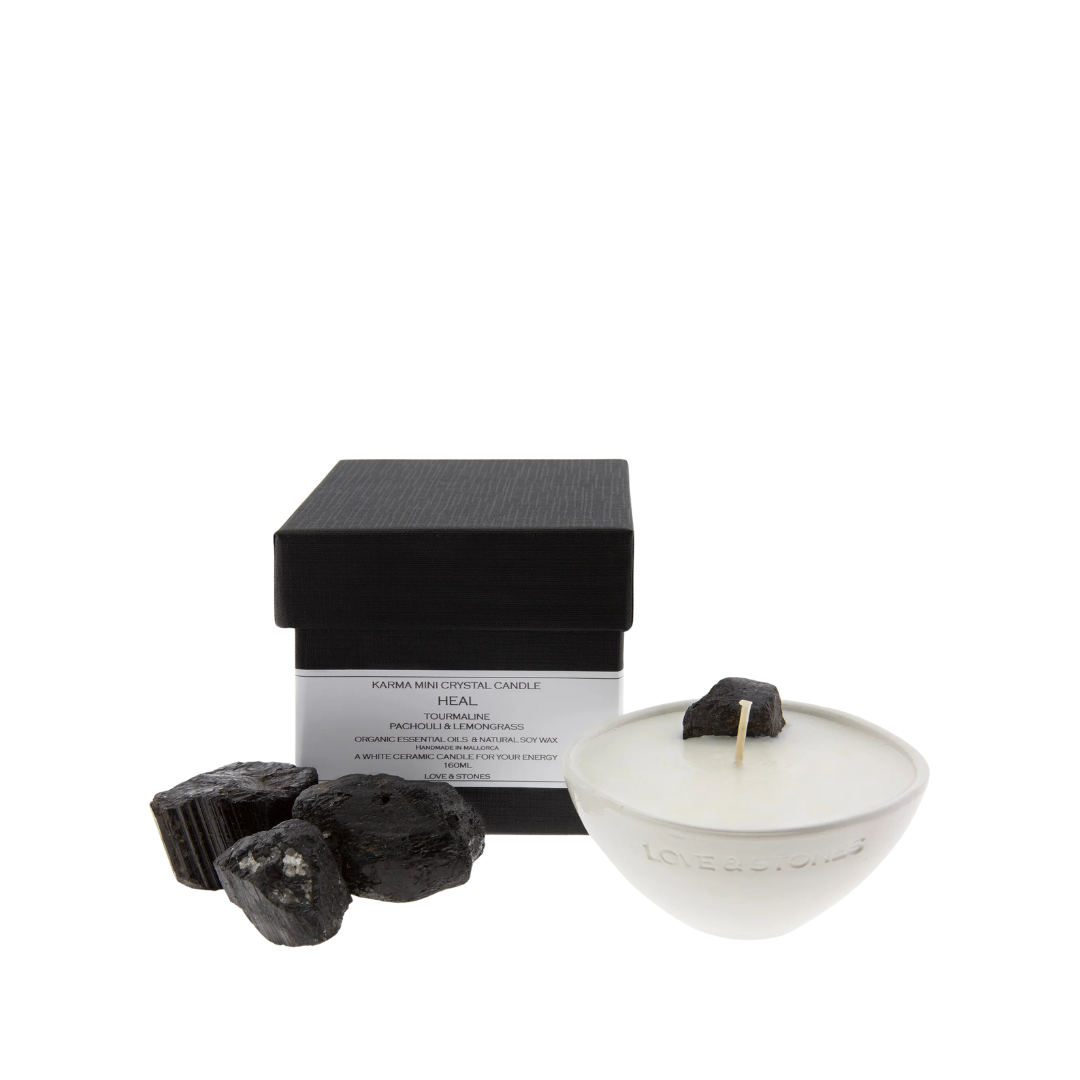 Heal - Black Tourmaline Crystal-Infused Scented Mini White Candle