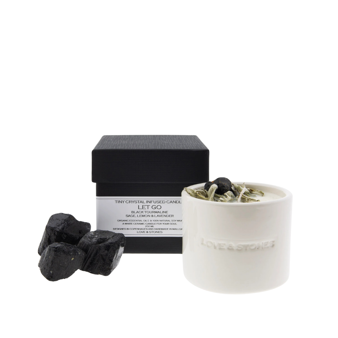 Let Go - Sage and Black Tourmaline Crystal Infused Scented Tiny White Candle