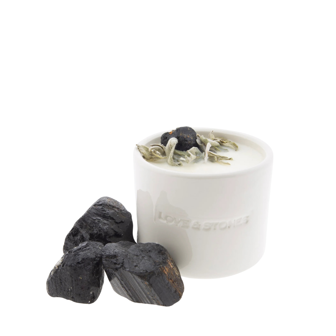 Let Go - Sage and Black Tourmaline Crystal Infused Scented Tiny White Candle